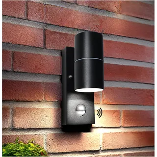 Unikcst LED Aussenlampe Bewegungsmelder Schwarz Matt Modern Aussenleuchte IP44 Wasserdicht Wandleuchte 230V,inkl.1x 5W Kaltesweiß GU10 6000K Leuchtmittel, 1 Stück