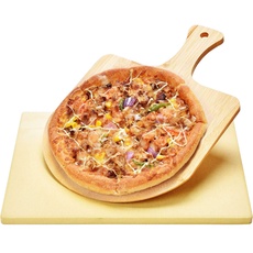 Harcas Pizzastein - 38cm x 30cm x 1,5 Zentimeter und Bambus-Pizzaschaufel. Ideal zum Backen und Servieren, Grillen, für Kuchen, Gebäck und Calzone