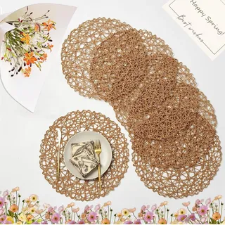 IcosaMro Braune runde Tischsets 6er Set für Esstisch, 38,1 cm Papier gewebte Boho dekorative Kreis Tischset für Hochzeit Weihnachten Erntedankfest Urlaub Abendessen, Hellkaffeebraun
