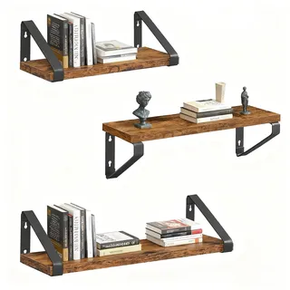 Relaxdays Wandregal, 3er Set, 3 Größen: 30, 35, 40 cm Breite, Holzoptik & Metall, Wandbretter für Bücher & Deko, braun