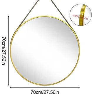 Runder Spiegel - Wandspiegel - Durchmesser 70 cm - Gebürsteter Aluminiumrahmen - Lederriemen - Für Flur und Bad - Gold