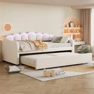 Schlafsofa mit LED-Beleuchtung, Gästebett und Lattenrost, 90x200 cm, Einzelbett, Polsterbett, Samt - Beige