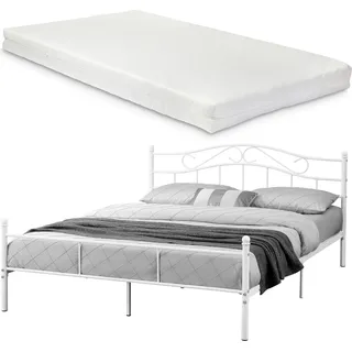 Metallbett mit Matratze 180x200cm Weiß Bett Bettgestell Doppelbett [en.casa] - Weiß