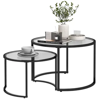 Homcom Couchtisch rund 2er Set Beistelltisch mit Tischplatte aus Hartglas | Teilweise Stapelbar, Wohnzimmertisch, Kaffeetisch, für Wohnzimmer Schlafzimmer