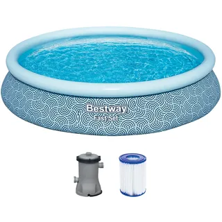 Bestway Fast Set Aufstellpool-Set mit Filterpumpe, Ø 457 x 84 cm, 9.677 Liter, TriTech-Material, Grafisches Liniendesign, Selbstaufbauend, Ablassventil, Filterpumpe, Filterkartusche, Reparaturflicken