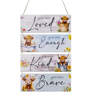 Ennoxwi 4 Stücke Hochlandrind Wanddekoration Holz, Landhaus Deko mit Motivationssprüchen, Rustikale Wandbilder für Badezimmer, Schlafzimmer, Küche, Positives Geschenk für Frauen & Familie