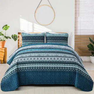 WONGS BEDDING Tagesdecke 200x220 Bettüberwurf Boho Decke Steppdecke 3 Teilig Doppelbett Gesteppt Bettdecke Mikrofaser Wohndecke mit 2 Kissenbezug 50x75 für Schlafzimmer als Sofaüberwurf (Dunkelblau)