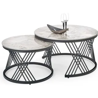 Halmar Runder Couchtisch (2 Stück) Flamingo - grauer Marmor / schwarz - Grau