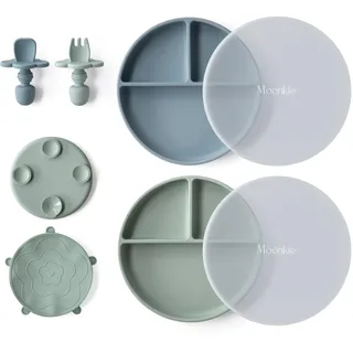Moonkie 2pc Silikon Kinderteller mit Deckel, Baby teller mit Saugnapf, BPA-freie Rutschfest Geteilte Geschirr Set mit Gabeln und Löffel, Mikrowellen und Spülmaschinenfest(Mint/Hellblau)