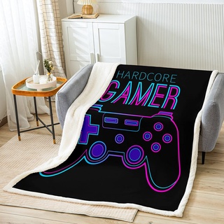 Loussiesd Kinder Jungen Spiele Kuscheldecke 150x200cm Gamepad Drucken Wohndecke Modern Gamer Thema Flanell Fleecedecke für Jugendliche Männer Gamecontroller Schwarz Lila Blau Decke