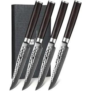 XINZUO 4-Teilig Steakmesser Set, 12.4cm Steakbesteck für 4 Personen, Profi Damaststahl Steakmesser Scharf Küchenmesser, Schöner Geschenkbox mit Ergonomischer Pakkawood Griff- He Serie