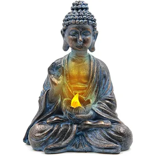Tuzsocr Solar Buddha Gartenstatuen, Meditierender Buddha Figur Deko mit Lotus LED-Leuchten, Zen Buddha Statue für draußen, Harz Sitzende Budda Solarleuchten Deko Hof, Terrasse, Fensterbank (Stil 2)