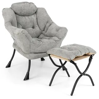 FANTASK Relaxsessel mit Armlehnen, Sessel mit Hocker, Fernsehsessel, Loungesessel, gepolsterter Ohrensessel für Wohnzimmer, Schlafzimmer, Büro (Grau), 81 x 77 x 96 cm