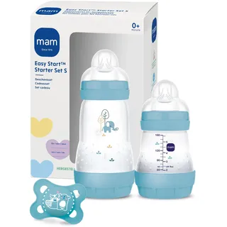 MAM Easy Start Anti-Colic Starter Set S, Baby Erstausstattung mit 2 Anti-Colic Flaschen (160 ml & 260 ml) inkl. Sauger Größe 1 und Schnuller, Baby Geschenk Set, ab der Geburt, blau