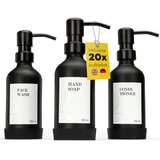 DELUXXOO® Hochwertiges 3-teiliges Pumpflaschenspender Set schwarz matt aus Glas als Organizer 250 ml I Seifenspender I Duschgelspender I Shampoospender I Spülmittelspender I Lotionspender