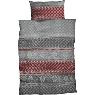 Bettwäsche CASATEX "Moldau", rot (silber, rot), B/L: 135cm x 200cm, 1 Stk., 1 Stk., Biber, B/L: 80cm x 80cm, 2 Stk., Biber, Obermaterial: 100% Baumwolle, Bettwäsche, Bettwäsche, norwegisches Muster, Schneekristalle, rustikales und elegantes Design