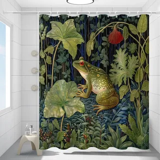 Fchen art Duschvorhang mit Frosch und Waldbaum, mit Palmblättern, wasserdicht, waschbar, Retro-Stil, rustikal, botanisch, aus Kunststoff, Badezimmerzubehör, Dekoration mit