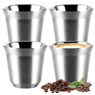 AKOLAFE 4 Stück Edelstahl Espressobecher 80ml, Doppelwandige Kleine Tassen aus 304 Edelstahl, Mokkatasse Silber für Espresso, Kaffee, Tee, Camping und Küche