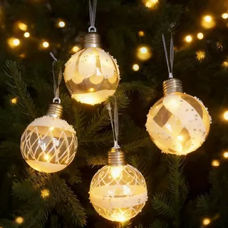 Weihnachtsdeko Beleuchtet Weihnachtskugeln Kunststoff, 4 Stück LED Weihnachtsbeleuchtung Kugel Weihnachten Deko Christbaumkugeln mit LED Licht, Leuchtkugel Aufhängbar für Weihnachtsbaum Deko (A)