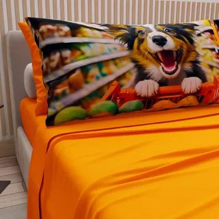 PETTI Artigiani Italiani - Bettwäsche Tiere mit Hunden aus Baumwolle mit Kissenbezügen im Digitaldruck, Bettwäsche für Doppelbett, Orange, 100% Made in Italy