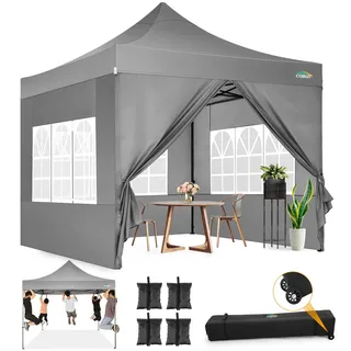 COBIZI pavillon faltpavillon 3x3 wasserdicht stabil Winterfest,Outdoor faltbar partyzelt,gartenpavillon mit 4 Seitenteilen und 4 Sandsack und Laufradtasche, Grau