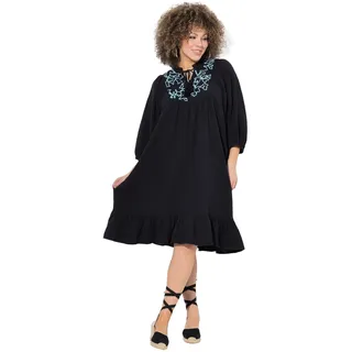 Ulla Popken Damen große Größen Übergrößen Plus Size Musselin-Kleid, Stickerei, Tunika-Ausschnitt, 3/4-Arm schwarz 54+ 838403100-54+