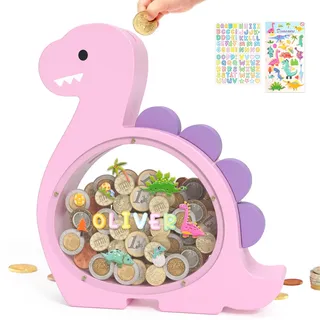 Summidate Dinosaurier Sparschwein aus Holz für Kinder und Jungen, süße Dino Spardose aus Holz für Kleinkinder, kreatives Sparschwein, personalisiertes Geschenk für Kindergeburtstag und Dekoration
