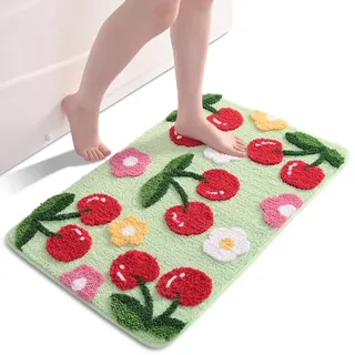 QJHOMO Grün Badezimmerteppich Kirsche Badematte rutschfest Waschbar Badteppich Bunt Badvorleger Weiche Mikrofaser Duschvorleger Absorbierende Badezimmer Teppich 45 x 65 cm