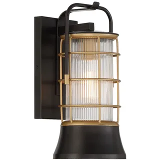 Außenlampe Maritim Vintage IP44 H: 33.5 cm Alu Glas E27 Schwarz Gold Wandleuchte