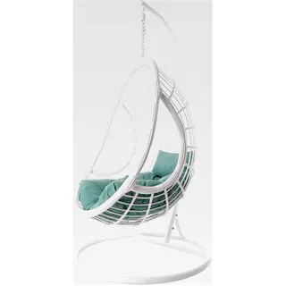 Komplettset: großer Hängesessel mit Gestell und Kissen, Hängesessel in Weiß, Lounge Möbel, Poly-Rattan, weiß (Kissen: türkis Chesterstepp) - Weiß, Türkis