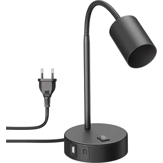 ledscom.de Tischlampe WAIKA, Schwanenhals, Schalter, rund, schwarz, 1x USB-A, 1x USB-C, 1x GU10 max 15W, Nachttischlampe, Tischlampe, Usb, Usb-a, Usb-c, Tischleuchte, Ladefunktion, Nachttisch