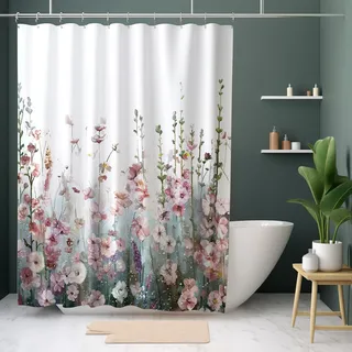 HOMEWINS Duschvorhang 180x200 cm Polyester Textil mit Muster, Waschbar und Schimmelresistant, Wasserdicht und Schnell Trocknend, Badevorhang mit 12 Duschvorhangringe - Rosa Blüten