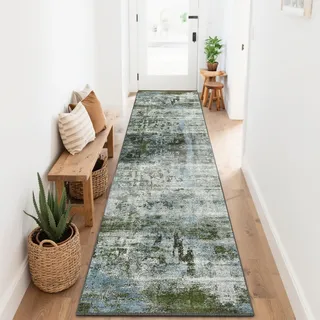 SOANNY Teppich Läufer, Kurzflor rutschfest Superweich, 80x300 cm, Moosgrün