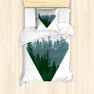 ABAKUHAUS Wald Bettbezug Set für Einzelbetten, Koniferen Baum Design, Milbensicher Allergiker geeignet mit Kissenbezug, Dunkelgrün Blaugrau Weiß