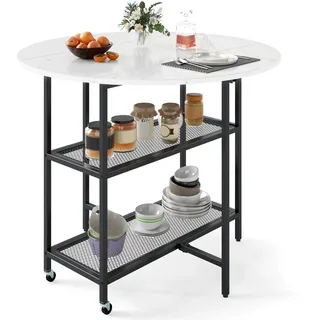 FANTASK Küchentisch klappbar, Esszimmertisch für 2-4 Personen, Esstisch mit 2 Ablagefächern, mobiler Klapptisch Marmor Optik, runder Tisch für Esszimmer & Wohnzimmer (Weiß)