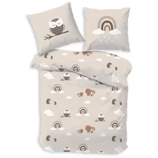 MTOnlinehandel Kinderbettwäsche 135x200 80x80, Regenbogen, Eule und Waldtiere - hochwertig & hautfreundlich - Bettwäsche für Mädchen, Jungen - 100% Baumwolle (Eule), Bettwäsche-Eule