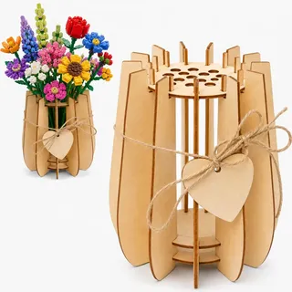 Holzvase Puzzle, Vase für Lego Blumen, Blumenstecklöcher, rutschfeste Basis, Natürliches Holz, Für Lego Rosen Tulpen Trockenblumen Wildblumen, Wohndekoration, Wohnzimmer Schlafzimmer Tischdekoration