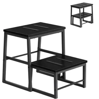 LIANTRAL 2 in 1 Tritthocker für Erwachsene Kinder, 2 Stufen hölzerner Hocker mit 160 kg Tragkraft, Metallrahmen, Hochbett Fußhocker, Rutschfester Tritthocker für Küche, Büro, RV - Schwarz