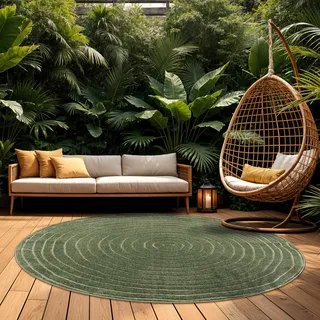 Paco Home Outdoor Teppich Wetterfest Balkon Wohnzimmer Skandinavisches Boho Einfarbig Grün Grösse 160 cm Rund - Grün