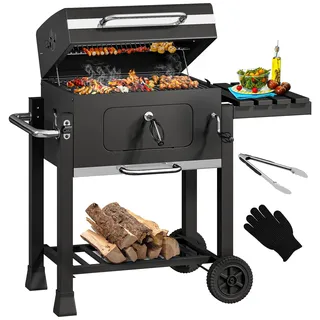 YITAHOME XL Holzkohlegrill BBQ Smoker Grillwagen mit Deluxe Emaille-Kohlenstoffpfanne & Thermometer, Standgrill für Party, Camping, Garten, inkl. Küchenzange und Handschuh