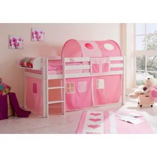 Hochbett Malte 90 x 200 cm inkl. Vorhang Kiefer massiv weiß rosa-pink