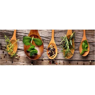 Glasbild 30x80cm Wandbild aus Glas Küche Kräuter Gewürze Wanddeko - Braun