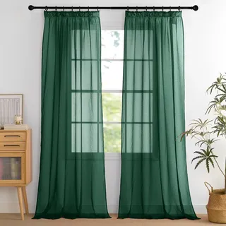 PONY DANCE Transparent Vorhang Grün Wohnzimmer Gardinen mit Kräuselband Modern Leichte Vorhänge für Schienensystem Voile Gardine Leinenoptik Luftig 2er Set, H 245 x B 140 cm Dunkelgrün
