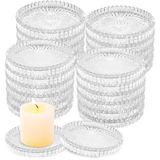 LDXDRU 24 Stück Kerzenteller Glas 10cm Klare Kerzenständer aus Glas, Klar Kerzenuntersetzer Kerzenhalter Stumpenkerzen Kerzen Untersetzer Rund für Party Dekoration Hochzeit Weihnachten Wohnkultur
