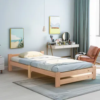 STILVORA Jugendbett 90x200 mit Matratze und Kopfteil, Massivholzbett Futonbett mit Lattenrost, als auch für Hotels und Pensionen, für kleine Räume, Natur