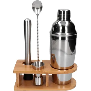 Whiskey Rocks 5-er Cocktail Shaker Set mit Holzständer - Cocktail & Bar Zubehör - Paris Shaker 750 ml - Barkeeper Set - Bar Set - Cocktail Messbecher & Stößel - Barlöffel - Edelstahl - Silber