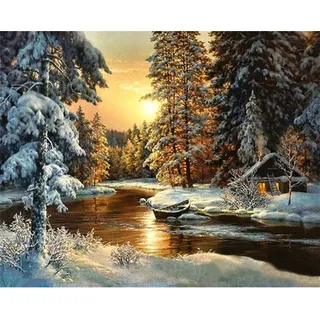 YEESAM ART Neuheiten Malen nach Zahlen Erwachsene Kinder, Schnee Wald Bäume Sonnenuntergang Fluss Landschaft 40x50 cm Leinen Segeltuch, DIY ölgemälde Weihnachten Geschenke (Bäume, Mit Rahmen)