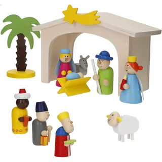 WOOMAX 33045 Weihnachtskrippe aus Holz für Kinder, 11 Figuren, Weihnachtskrippe, Weihnachtskrippe, einfach auf- und abzubauen, Heilige Könige, Spielzeug für Kinder ab 3 Jahren, Weihnachtsdekoration