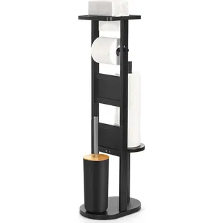 Yorbay Stand WC-Garnitur aus Bambus, mit Toilettenpapierhalter und WC-Bürstenhalter/Smartphone Ablage/Toilettenbürste/Klorollenhalter (Schwarz)