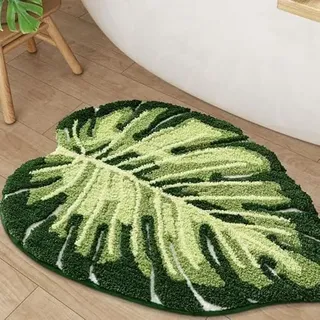 LOMUG Badezimmerteppich 60x90 cm, Grün Badematte Rutschfest Waschbar Badteppich mit Monstera Pflanzenmuster, Blattförmige Badvorleger Weiche Duschvorleger Absorbierende Badezimmer Teppich, WC Vorleger